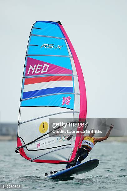 Dorian Van Rijsselberge of Netherlands celebrates after winning gold in the Men's RS:X Sailing on Day 11 of the London 2012 Olympic Games at the...