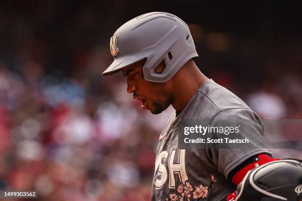 Victor Robles of the Washington Nationals reacts after a pitch during the seventh inning against the Miami Marlins at Nationals Park on June 17, 2023...