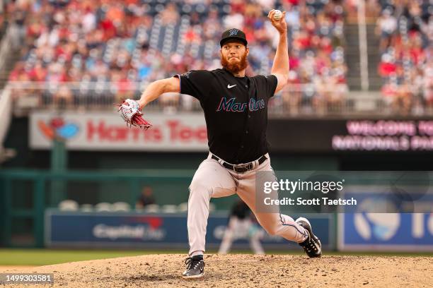 Puk of the Miami Marlins pitches against the Washington Nationals during the ninth inning at Nationals Park on June 17, 2023 in Washington, DC.