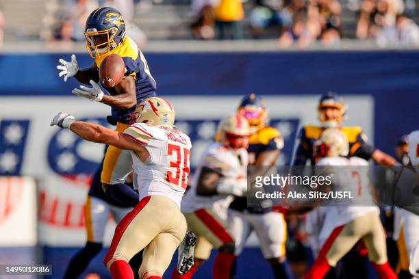 Nate Holley of the Birmingham Stallions breaks up a pass intended for Derrick Dillon of the Memphis Showboats during the fourth quarter at Simmons...