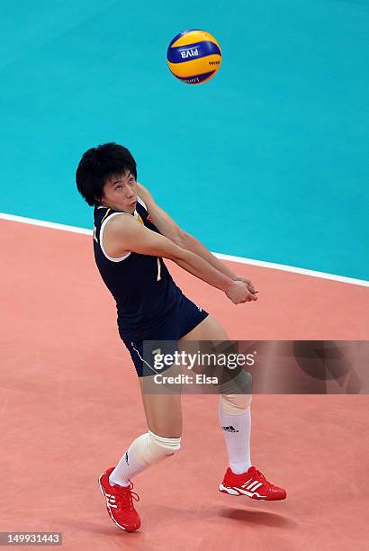 Xian Zhang of China passes the ball in the second set against Japan during Women's Volleyball on Day 11 of the London 2012 Olympic Games at Earls...