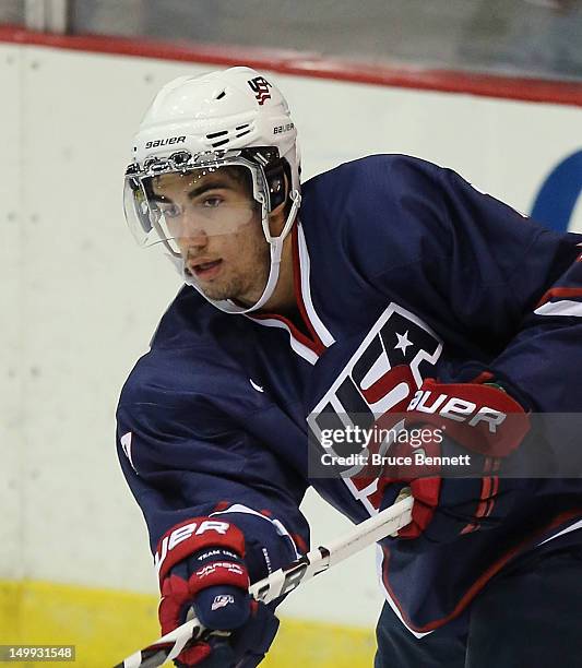 Jordan Schmaltz of the USA Blue Squad skates against Team Finland at the USA hockey junior evaluation camp at the Lake Placid Olympic Center on...