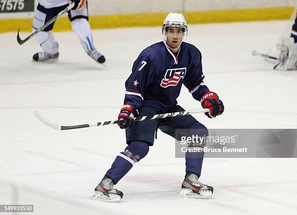 Jordan Schmaltz of the USA Blue Squad skates against Team Finland at the USA hockey junior evaluation camp at the Lake Placid Olympic Center on...