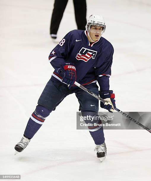 Nick Kerdiles of the USA Blue Squad skates against Team Finland at the USA hockey junior evaluation camp at the Lake Placid Olympic Center on August...