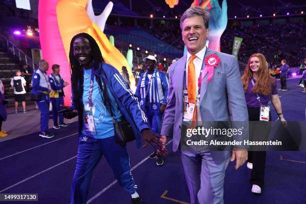 Special Olympics chairman Timothy Shriver on his way into the stadium with team South Sudan at the parade of athletes during the opening ceremony of...