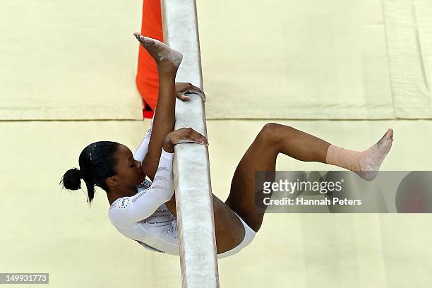 Gabrielle Douglas of the United States falls off the beam during the Artistic Gymnastics Women's Beam final on Day 11 of the London 2012 Olympic...