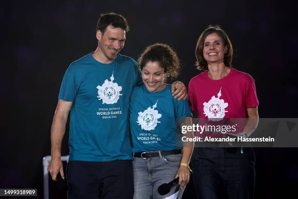 Felix Neureuther speaks next to Franziska Schenk during the Special Olympics World Games Berlin 2023 at Olympiastadion on June 17, 2023 in Berlin,...