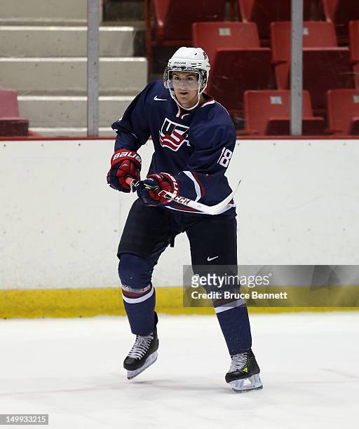 Nick Kerdiles of the USA Blue Squad skates against Team Finland at the USA hockey junior evaluation camp at the Lake Placid Olympic Center on August...