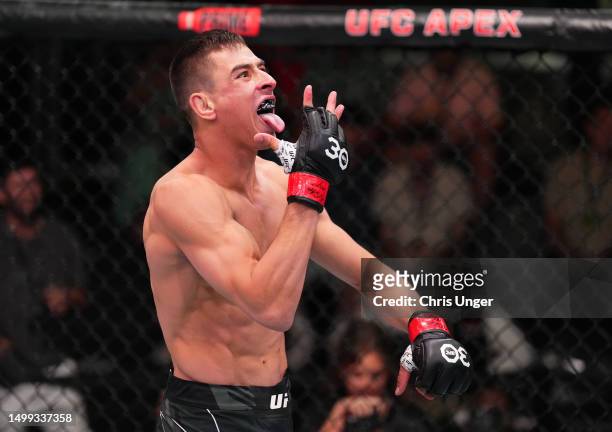 Manuel Torres of Mexico reacts after his knockout victory over Nikolas Motta of Brazil in a lightweight fight during the UFC Fight Night event at UFC...
