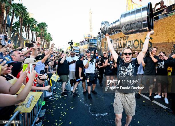 William Karlsson of the Vegas Golden Knights celebrates with the Stanley Cup during a victory parade and rally on the Las Vegas Strip on June 17,...