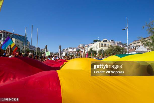 General view of a rainbow flag during Pride parade on June 17, 2023 in Lisbon, Portugal. The 24th edition of the Lisbon LGBTI+ Pride March, the...