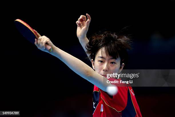 Kasumi Ishikawa of Japan competes against Ning Ding of China during the Women's Team Table Tennis gold medal match on Day 11 of the London 2012...