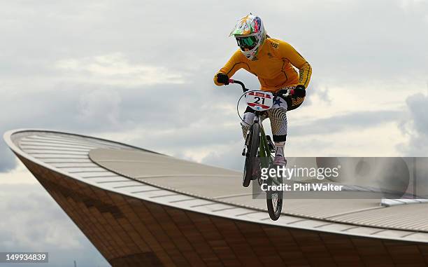 Lauren Reynolds of Australia trains on the BMX track in Olympic Park on Day 11 of the London 2012 Olympic Games on August 7, 2012 in London, England.