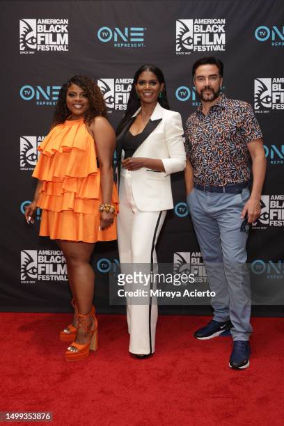 Actors Brely Evans, Denise Boutte and Jeff Marchelletta attends the 2023 American Black Film Festival during "A Mother's Intuition" at Miami Beach...