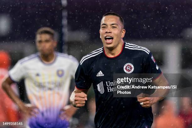 Bobby Wood of New England Revolution celebrates a goal during a game between Orlando City SC and New England Revolution at Gillette Stadium on June...