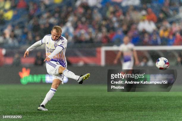 Dagur Thorhallsson of Orlando City SC passes the ball during a game between Orlando City SC and New England Revolution at Gillette Stadium on June...