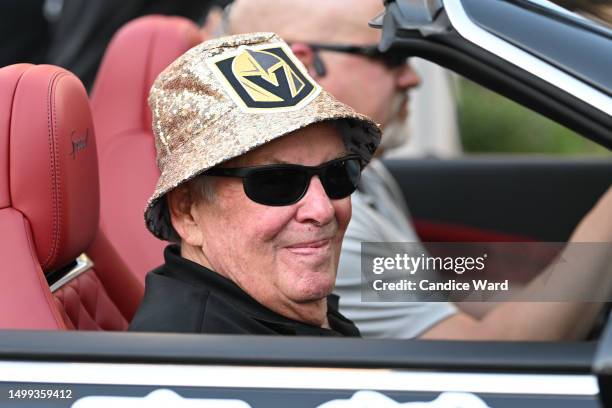 Chairman, CEO and Governor Bill Foley of the Vegas Golden Knights rides in a car during a victory parade and rally for the Vegas Golden Knights on...