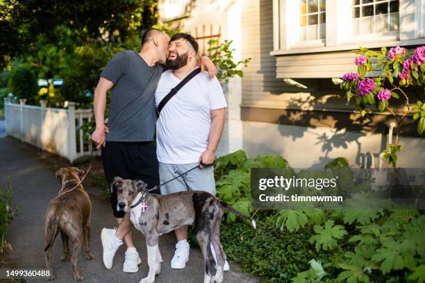 zwei liebevolle schwule männer, die mit ihren hunden spazieren gehen - indian men gay stock-fotos und bilder