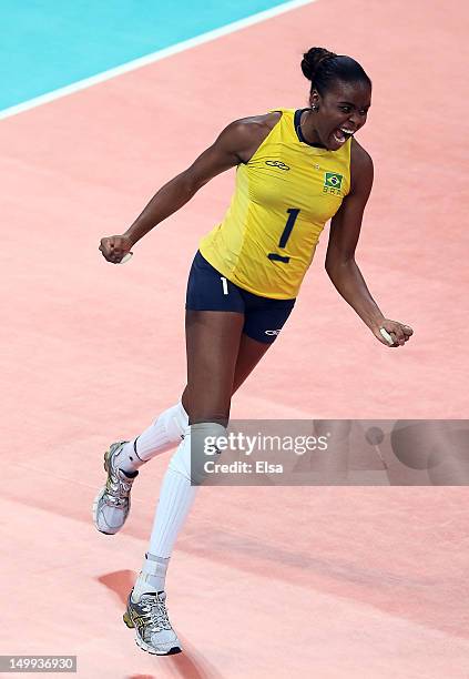 Fabiana Claudino of Brazil celebrates a point in the second set against Russia during Women's Volleyball on Day 11 of the London 2012 Olympic Games...