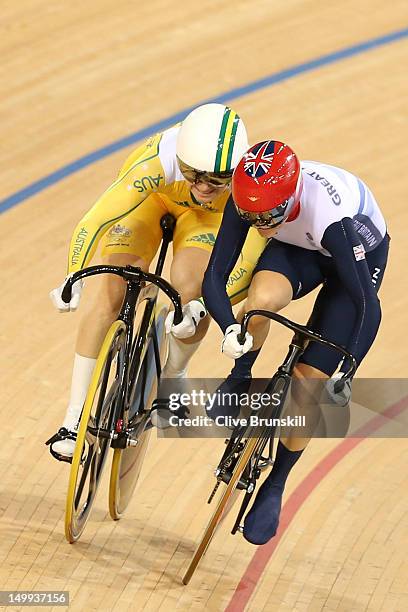 Anna Meares of Australia and Victoria Pendleton of Great Britain compete in Race 1 of the Women's Sprint Track Cycling Final on Day 11 of the London...