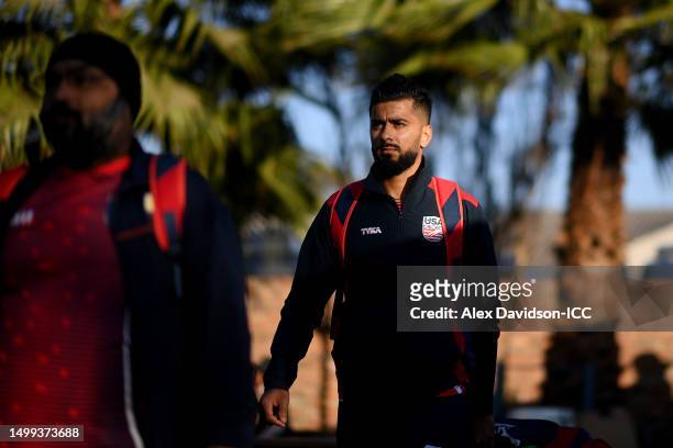Ali Khan of Team USA arrives at the stadium prior to the ICC Men's Cricket World Cup Qualifier Zimbabwe 2023 match between West Indies and USA at...