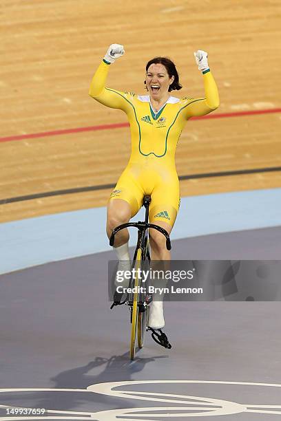 Anna Meares of Australia celebrates winning the Gold medal in the Women's Sprint Track Cycling Final on Day 11 of the London 2012 Olympic Games at...