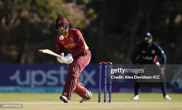 Brandon King of West Indies bats during the ICC Men's Cricket World Cup Qualifier Zimbabwe 2023 match between West Indies and USA at Takashinga...