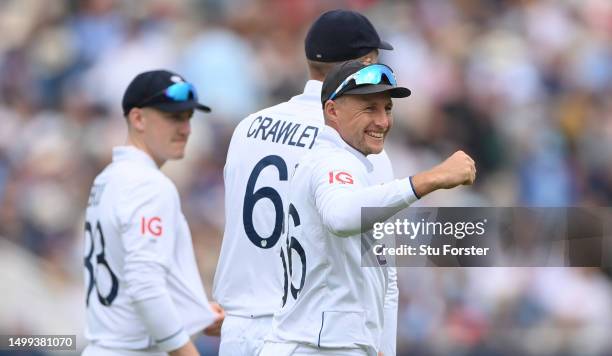 England player Joe Root smiles during day two of the LV= Insurance Ashes 1st Test Match between England and Australia at Edgbaston on June 17, 2023...