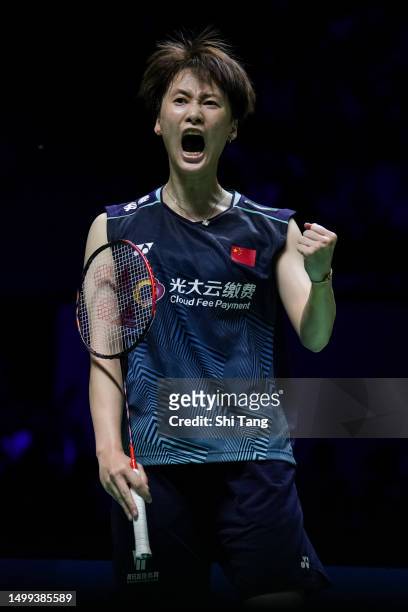 Chen Yufei of China reacts in the Women's Singles Final match against Carolina Marin of Spain on day six of the Indonesia Open 2023 at Istora Senayan...