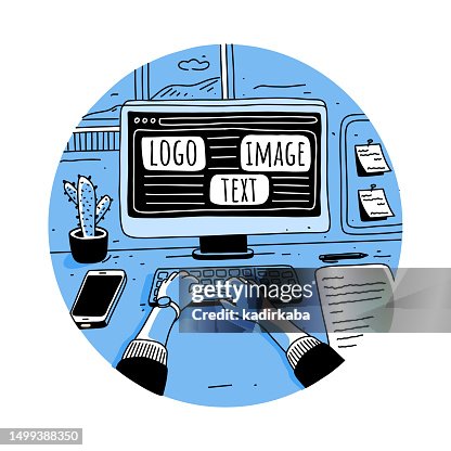Young man doing web design and web coding. Vector illustration of web design development design concept. Hand drawn, sketch, doodle. Young man doing web design and web coding. Vector illustration of web design development design concept. Hand drawn, sketch, doodle.