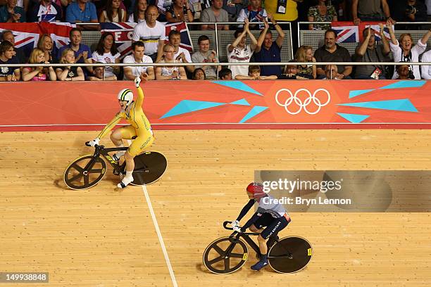 Anna Meares of Australia celebrates winning the Gold medal ahead of Victoria Pendleton of Great Britain in the Women's Sprint Track Cycling Final on...