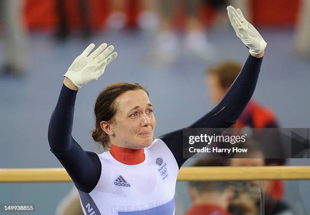 Victoria Pendleton of Great Britain waves to the crowd after winning the Silver Medal in the Women's Sprint Track Cycling Final on Day 11 of the...