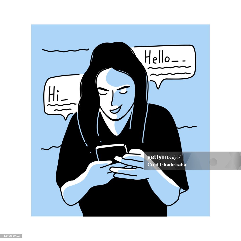 Jeunes femmes textant sur les médias sociaux par téléphone. Illustration vectorielle des médias sociaux et concept de conception de chat. Dessiné à la main, croquis, griffonnage.