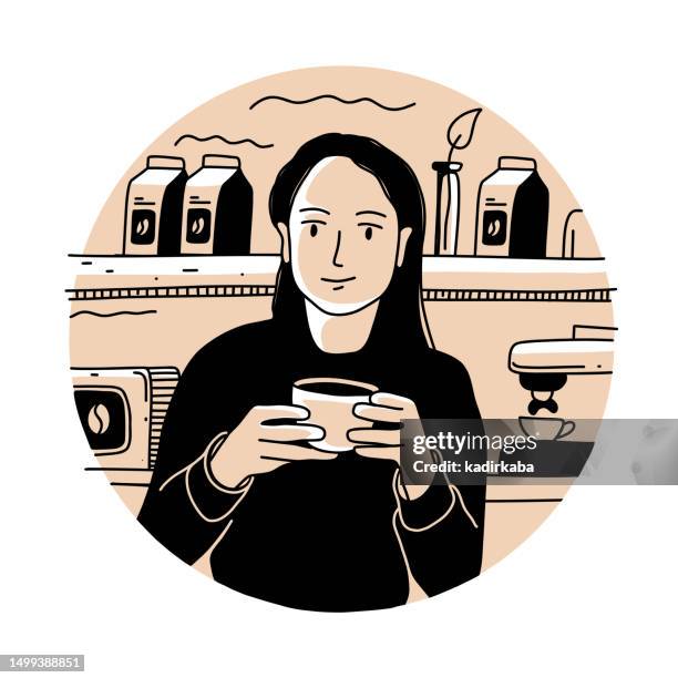 young woman drinking coffee in coffee shop. vector illustration of coffee shop design concept. hand drawn, sketch, doodle. - milk bottle drawing stock illustrations
