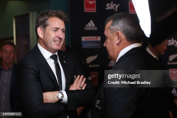 New Zealand Rugby CEO Mark Robinson talks to All Black coach Ian Foster during to the New Zealand All Blacks Rugby Championship & All Blacks XV Squad...