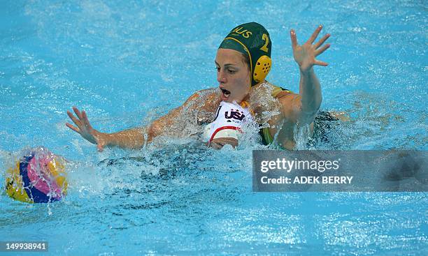 Australia's Gemma Beadsworth challenges US player Kelly Rulon during the women's water polo semi-final round match at the London 2012 Olympic Games...