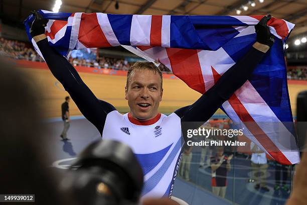 Sir Chris Hoy of Great Britain celebrates winning the Gold medal in the Men's Keirin Track Cycling Final on Day 11 of the London 2012 Olympic Games...