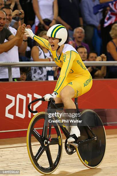 Anna Meares of Australia celebrates winning the Gold medal in the Women's Sprint Track Cycling Final on Day 11 of the London 2012 Olympic Games at...