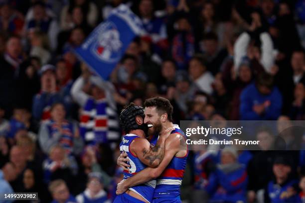 Marcus Bontempelli of the Bulldogs celebrates a goal during the round 14 AFL match between North Melbourne Kangaroos and Western Bulldogs at Marvel...