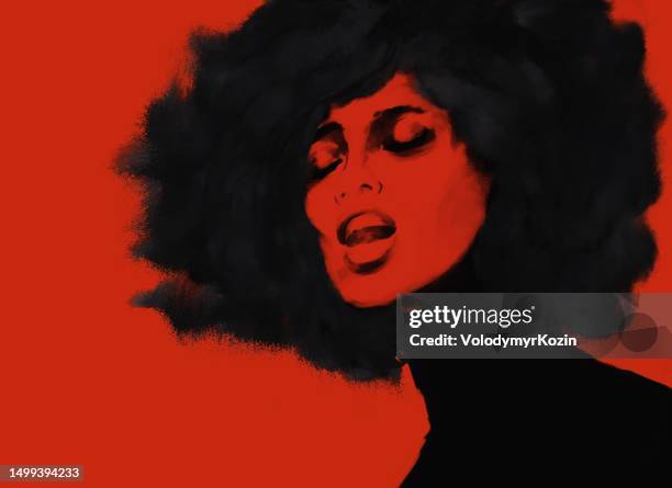 illustrations, cliparts, dessins animés et icônes de portrait d’une chanteuse à la peau foncée dans une robe à col haut - bouche paillette