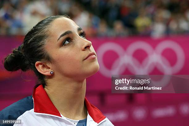 Alexandra Raisman of the United States looks on during the Artistic Gymnastics Women's Floor Exercise final on Day 11 of the London 2012 Olympic...