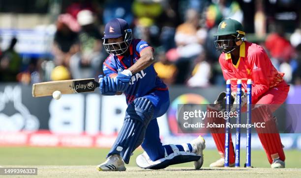 Aasif Sheikh of Nepal bats during the ICC Men's Cricket World Cup Qualifier Zimbabwe 2023 match between Zimbabwe and Nepal at Harare Sports Club on...