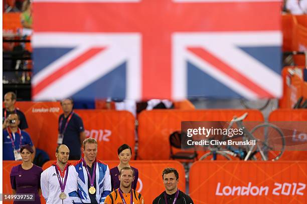 Silver medallist Maximilian Levy of Germany, Gold medallist Sir Chris Hoy of Great Britain, and joint Bronze medallists Teun Mulder of the...