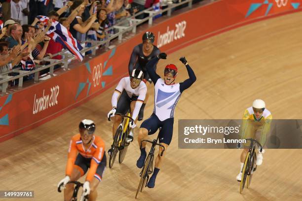 Sir Chris Hoy of Great Britain celebrates winning the Gold medal in the Men's Keirin Track Cycling Final on Day 11 of the London 2012 Olympic Games...