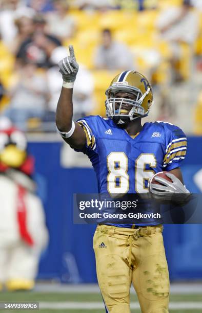 Wide receiver Greg Lee of the University of Pittsburgh Panthers gestures after catching a pass against the Youngstown State Penguins during a college...