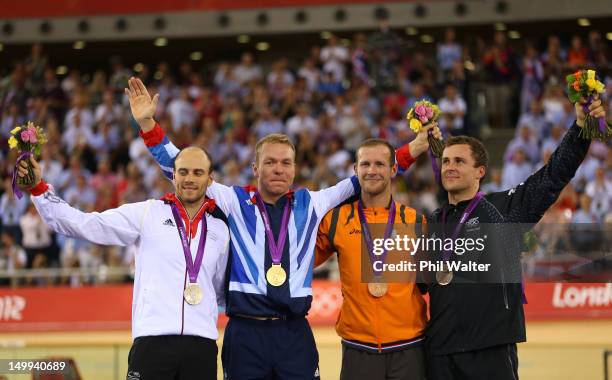 Silver medallist Maximilian Levy of Germany, Gold medallist Sir Chris Hoy of Great Britain, and joint Bronze medallists Teun Mulder of the...