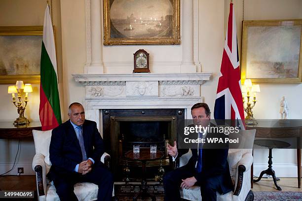 British Prime Minister David Cameron holds talks with Bulgarian Prime Minister Boyko Borisov inside number 10 Downing street on August 07, 2012 in...