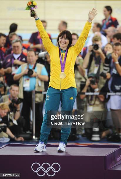 Gold medallist Anna Meares of Australia celebrates during the medal ceremony for the Women's Sprint Track Cycling Final on Day 11 of the London 2012...