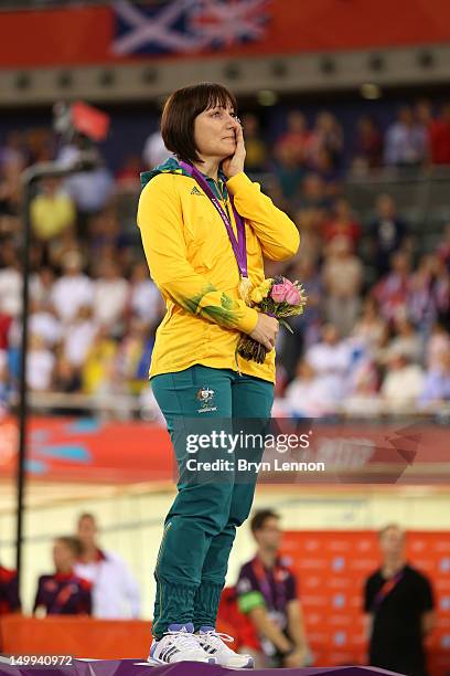 Gold medallist Anna Meares celebrates during the medal ceremony for the Women's Sprint Track Cycling Final on Day 11 of the London 2012 Olympic Games...