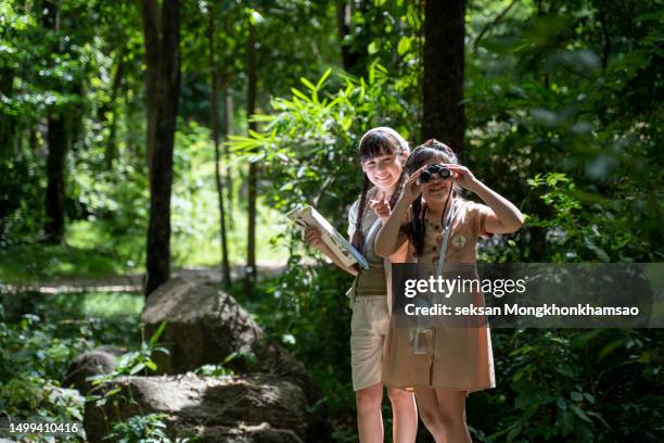 children on a nature field trip are using binoculars to look at the animals that live in the treetops. - portrait of school children and female teacher in field stock pictures, royalty-free photos & images